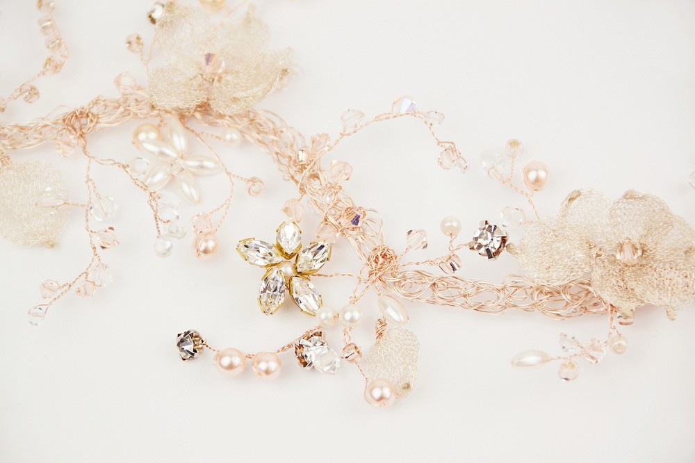 Close up of Chloris wedding hairvine