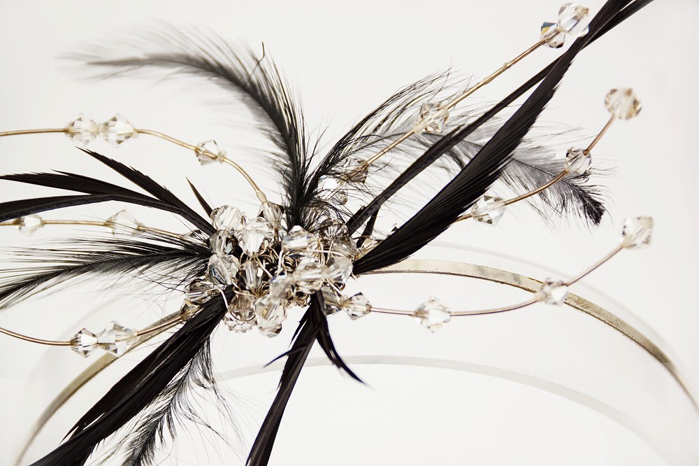 Close up of Mother of the bride headpiece in black