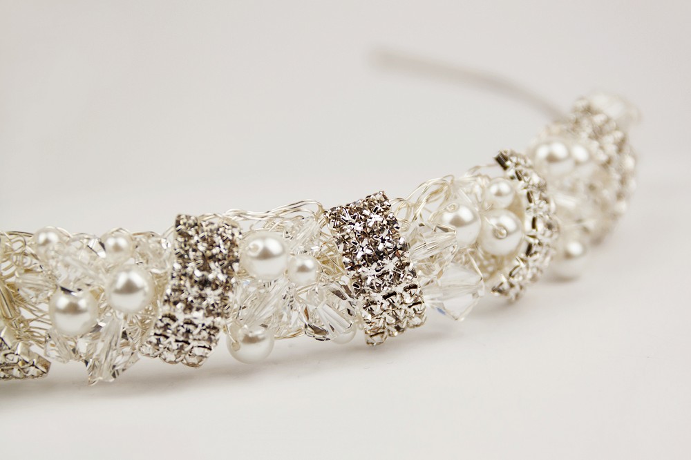 Close up of crystal and pearl headband