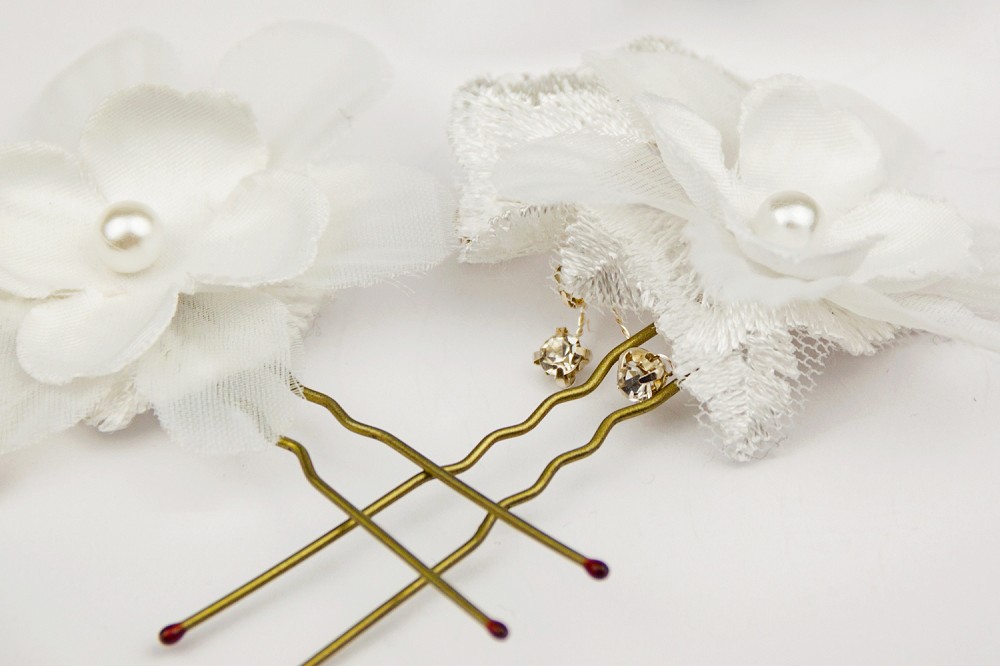 Close up of bridal hairpins